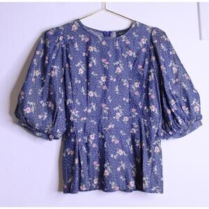 Gracia Blue Floral Peasant Blouse Top - Small